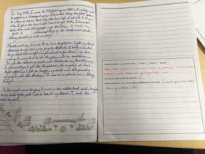 This picture shows an example of a writing exercise from a bridging unit. This is a year 6 student's letter to a year 7 student, written on white lined paper.