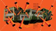 A grey building is seen as in a 3D plan against a bright red background. 0s and 1s represent data streaming out of the windows and gaps in the roof.