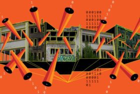 A grey building is seen as in a 3D plan against a bright red background. 0s and 1s represent data streaming out of the windows and gaps in the roof.