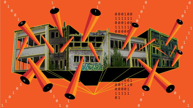 A grey building is seen as in a 3D plan against a bright red background. 0s and 1s represent data streaming out of the windows and gaps in the roof.