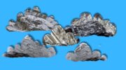A group of five cloud shapes float across a blue background. The clouds are collages made out of close up photographs of shiny silver silicon surfaces.