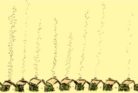 A hand-drawn sketch in coloured pens depicts a small uniform row of houses at the bottom of the picture. From each of the houses, 0s and 1s representing digital data are floating up in plumes which look like smoke from the chimneys of the houses; but these are not uniform: they represent the different types of data from each house.