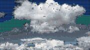 A mosaic-like image of clouds, made of server and data center components, symbolizing the hidden physical infrastructure of cloud computing.