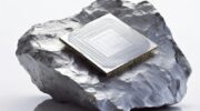 A shiny rock of silicon is on a plain white reflective surface, against a plain white background. Embedded in the rock is a rough shape of a silicon chip, which is made from the same rock of silicon.