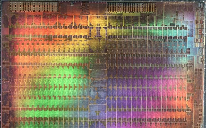 Abstract microscopic photography of a Graphics Processing Unit in rainbow colors.