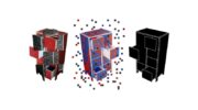 An illustration of three „pixelated“ cupboards next to each other with open drawers, the right one is black.