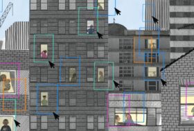 Building blocks are overlayed with digital squares that highlight people living their day-to-day lives through windows. Some of the squares are accompanied by cursors.