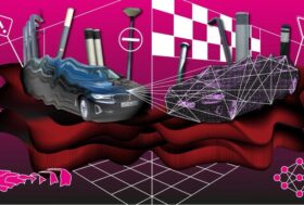 An illustration in intense colors in a gloomy mood showing a collage of two mirrored cars, street signs and mathematical symbols.