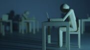 Plastic figure resembling a human who sits on a table infront of a laptop in a dark room. Long shadows disseminate a gloomy mood.
