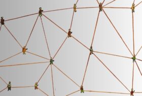 Several small cartoon representations of people are linked by brown handdrawn lines representing a network.