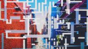 This image features 3 images of a street. Overlying the image are different shapes which are arranged to look like QR code symbols. These are in white/blue colours and intersect one another. The first image is clear, but the second is slightly more pixelated, and the final image is very pixelated.