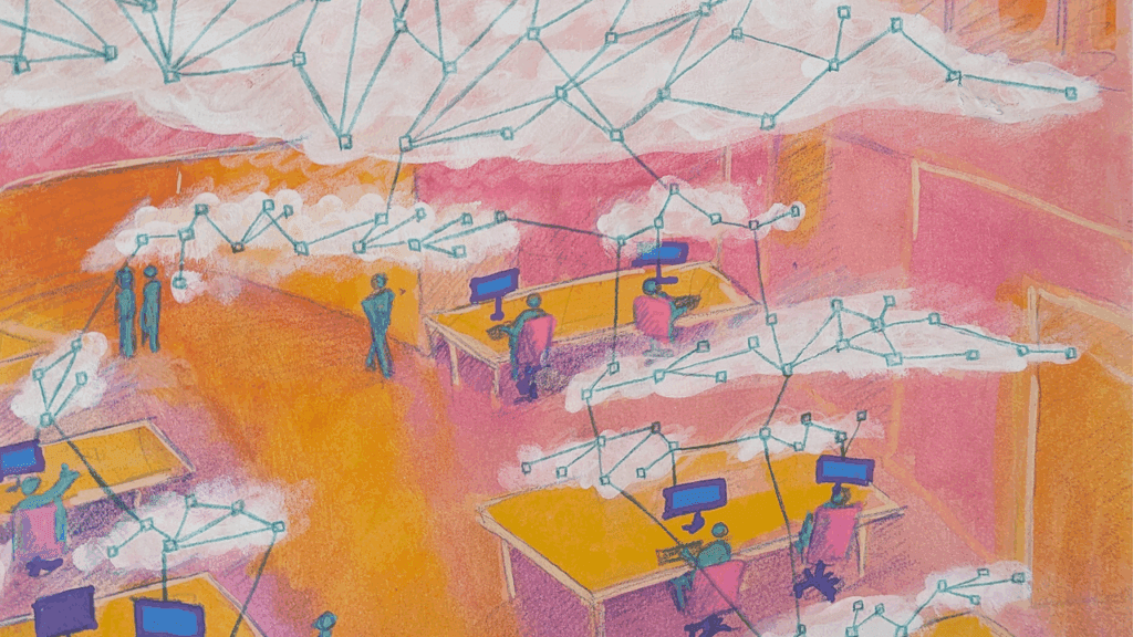 A pink and yellow abstract image of an office with people working, chatting and walking around. Above their heads are clouds of network connections. It was painted with guache and drawn with pencils.
